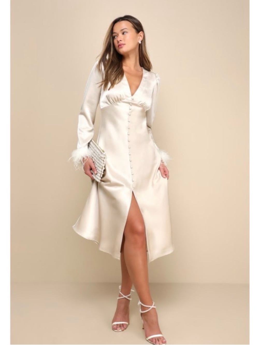 Lulu's Champagne Satin Midi Dress with Feather Cuffs